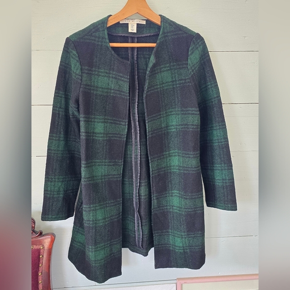 Max Studio Women's Plaid Wool Blend Open Front Green Tartan Coat W/pockets Sz M - Picture 4 of 7